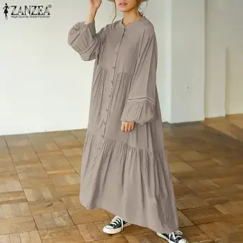 ZANZEA Moterų Sundress Elegantiškas Ilgio Sluoksniuotos Rankovėmis Flounce Maxi Suknelė 