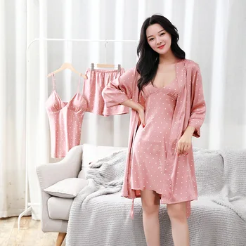 Moterų Pajama Komplektai 4 Vnt Sexy Nėrinių Pižamos Moterims, Satino, Šilko Sleepwear Elegantiškas Pijama Su Krūtinės Pagalvėlės Homewear