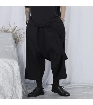 Originalus naujas atsitiktinis kelnės, vyriški devynių taškų kelnes Yamamoto vėjo tamsiai plataus koja pants madinga gražus laisvas dirželis kelnės
