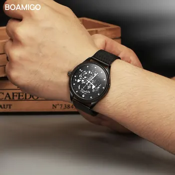 BOAMIGO prekės ženklo vyrai kvarciniai laikrodžių mados skeletas vyrų juoda Milane akių plieno juosta auto data laikrodžiai laikrodis relogio masculino