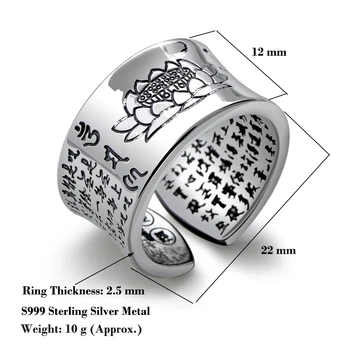 Nekilnojamojo S999 Sterlingas sidabro Prajna Paramita Širdies Sutra žiedai Sanskrito Religinių rašyti Budizmas Nemokamai dydis Unisex Budistų dovana