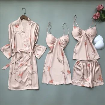 Fiklyc apatiniai 4 gabalus moterų raidžių & gėlių spausdinti seksuali pižama nustato naujus atvykimo moterų vasaros pižamos pižama lounge rinkiniai