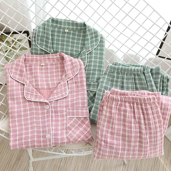 2020 Japonų stiliaus medvilnės krepo ponios plius dydis pižama ilgomis rankovėmis kelnės pledas paprasta stiliaus namų paslauga moterų sleepwear