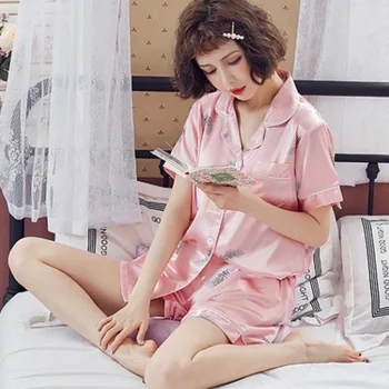 2020 metų Vasaros Pižamos Seksualus Ledo Šilko Moterų Pijama Mujer Verano Trumpas 2 dalių Komplektas Namų Drabužius, Plius Dydis Single-breasted Spausdinti
