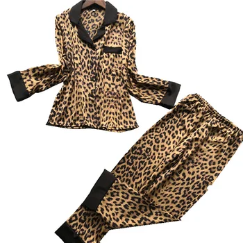 Moterų 2VNT Pižama Kostiumą, Laisvalaikio Namuose Padažu Suknelė Leopardas Spausdinti Visą Rankovės Turn-žemyn Apykaklės Marškinėliai&Ziajać Derliaus Sleepwear