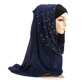 10pc/daug Moterų Burbuliukai Šifono Skara ir deimantiniai smeigės Perlai šalikas paprasto hijab skaros Apsiaustas vientisos spalvos musulmonišką hidžabą šalikas