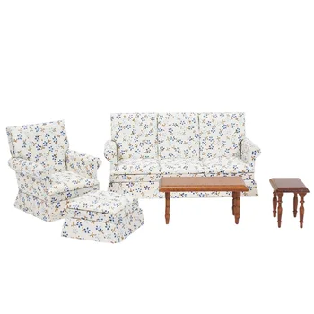 1:12Dollhouse Miniatiūriniai Kambarį Baldų Komplektas 5VNT Sofa-lova, Fotelis Blue& White WL074