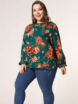 Naujas 2021 m. pavasarį, rudenį plius dydžio palaidinė moterims, didelis, ilgomis rankovėmis atsitiktinis palaidų žalia gėlių spausdinti gėlių marškinėliai 4XL 5XL 6XL 7XL