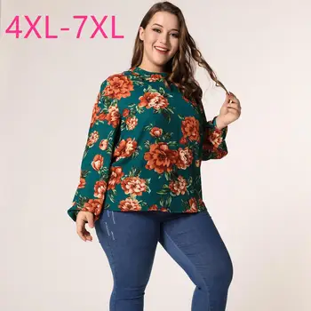 Naujas 2021 m. pavasarį, rudenį plius dydžio palaidinė moterims, didelis, ilgomis rankovėmis atsitiktinis palaidų žalia gėlių spausdinti gėlių marškinėliai 4XL 5XL 6XL 7XL
