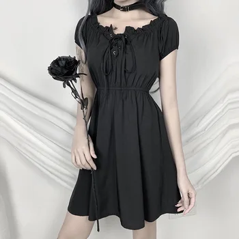 Juoda Goth Moterų Plisuotos Suknelė 2020 Lady Gotikos Nėriniai-up Krūtinė Velniop Kaklo Aukštos Juosmens Tamsiai Lolita Punk Mini Suknelės, Šaliai, Vestidos