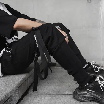2XL Dydis 2019 Mados Hip-Hop vyriškos Juodos Haremo Kelnės Multi-Pocket Juostelės Vyras Streetwear Kelnės Laisvalaikio vyriškos Kelnės Hip-Hop
