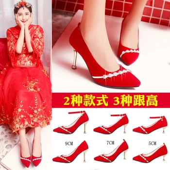 Nauja raudona aukštos obcasie batų nurodė, ploni kulniukai vestuvių bateliai raudoni batai korėjos taurę vidurio obcasie vestuviniai bateliai