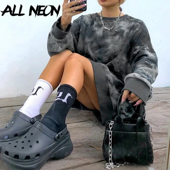 ALLNeon Y2K Estetika Kaklaraištis Dažų Negabaritinių Sweatershirts E-girl Punk Stiliaus Atsirišo Crewneck Ilgai Top Rudens 2020 Streetwear Mados
