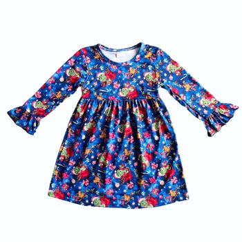 Kalėdų nauja rudens ir žiemos karšto pardavimo mergaitė mėlyna Raglan ilgomis rankovėmis suknelę, vaikų drabužiai