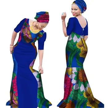 2020 Naujas heidi bazin Riche Afrikos Suknelės Moteris Spausdinti Sudurti V Kaklo Undinė Suknelės su Galva Kaklaraištis Dashiki Afrikos Drabužius WY1645
