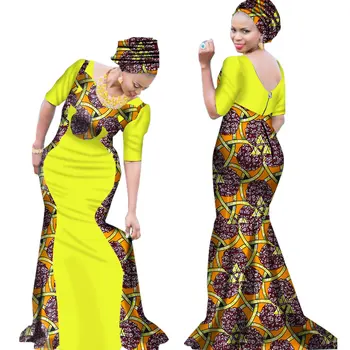2020 Naujas heidi bazin Riche Afrikos Suknelės Moteris Spausdinti Sudurti V Kaklo Undinė Suknelės su Galva Kaklaraištis Dashiki Afrikos Drabužius WY1645