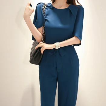 Korėjos kelnes OLIS jumpsuits moterims Vasaros Mėlyna Pynimas Rankovės Įgulos kaklo Sundress Sexy Ladies 