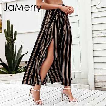 JaMerry Dryžuotas aukšto juosmens pavasario kelnės moterims Atsitiktinis plisuotos pločio kojų kelnės kelnės 2019 m. Vasaros paplūdimio padalinta elegantiškos kelnės moteriška