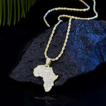 Afrikos Žemėlapis Pakabukas Karoliai Lediniame Iš Spindinčios Bling Crystal Aukso spalvos, kalnų krištolas Karoliai Lyno, Grandinės Žavesio Vyrų Hip-Hop Papuošalai