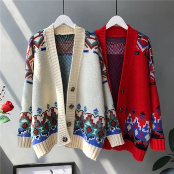 Nacionalinės žakardo stiliaus megztinis moterų megztinis rudenį moterų 2019 naują hitą spalvos vieną mygtuką, laisvas megztinis kailis