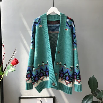 Nacionalinės žakardo stiliaus megztinis moterų megztinis rudenį moterų 2019 naują hitą spalvos vieną mygtuką, laisvas megztinis kailis