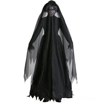 Baisu Halloween Kostiumai Moterims Dvasios Nuotaka Kostiumas Juoda Suknelė, Apsiaustas Nustatyti Viduramžių Gotikos Suknelė Vampyras Velnias Siaubo Kostiumas