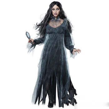 Baisu Halloween Kostiumai Moterims Dvasios Nuotaka Kostiumas Juoda Suknelė, Apsiaustas Nustatyti Viduramžių Gotikos Suknelė Vampyras Velnias Siaubo Kostiumas