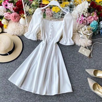 Satino Sluoksniuotos Rankovėmis Suknelė Mini Moterims Derliaus Baltos Spalvos Elegantiška Suknelė Kvadratinių Kaklo Drabužius 2020 Metų Vasaros Trumpomis Rankovėmis Linijos, Suknelės, Šaliai