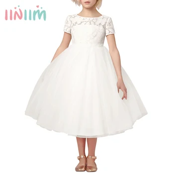 Iiniim Gėlių Mergaitės Suknelė Balta Dramblio kaulo Nekilnojamojo Vestidos Šalis Princesė Suknelė Mažai Vaikų Vaikų Tuščiaviduriai Širdies Suknelė Vestuvių