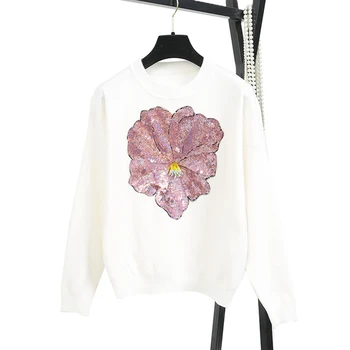 Naujas 2021 m. Pavasario Europos Gatvės Stiliaus Moterims Megztiniai Megztinis Blizgučiai 3D Didelis Gėlių ornamento formavimas Trikotažas Puloveriai, C-085