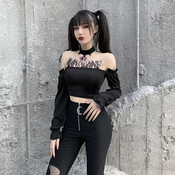 Harajuku Streetwear Bodycon Off Peties Ilgomis Rankovėmis Viršūnes Gothic Punk Stiliaus Juoda Apkarpyti Viršūnes Grandinės Matal Kratinys