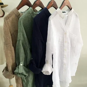 2019 medvilnės ir lino marškinėliai moterims vasaros saulė ploni skalbiniai, marškiniai literatūros retro 7 rankovėmis megztinis moterų apykakle balti marškiniai