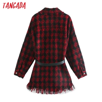 Tangada Moterų Raudonas Pledas Modelis Storų Paltų Su Diržu Prarasti ilgomis rankovėmis kišenėje 2020 Ponios Elegantiška Rudens ir Žiemos paltai 3H128