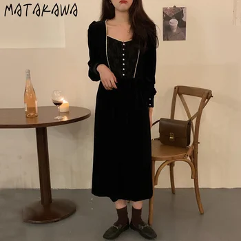 MATAKAWA Nėrinių Susiuvimo Femme Skraiste korėjos Elegantiškos Retro Aikštėje Apykaklės Suknelės, Perlų Mygtuką Aksomo Suknelė Moterims