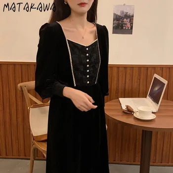 MATAKAWA Nėrinių Susiuvimo Femme Skraiste korėjos Elegantiškos Retro Aikštėje Apykaklės Suknelės, Perlų Mygtuką Aksomo Suknelė Moterims