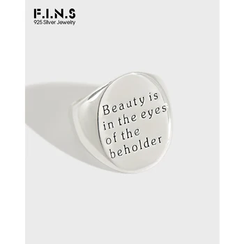 F. I. N. S Sidabro Žiedas 925 Platus Piršto Žiedą, Ovalo formos Šepečiu Blizgus Žiedai su Raidėmis Atidaryti Manžetai Žiedas Pareiškimą Moterų Apdaila