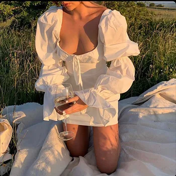 2020 Naują Atvykimo Moterų Vasaros ilgomis Rankovėmis Kvadratinių Kaklo Milkmaid Seksualus Derliaus Mini Šalies Klubų Suknelė prancūzų Stiliaus Sundress
