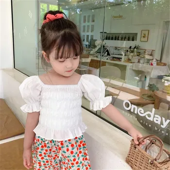 Vasaros Korėjos Stiliaus Sluoksniuotos Rankovėmis Kūdikiui Merginos Princesė Palaidinės 2020 Naujas Gryna Spalva Mielas Vaikams, Vaikams, Stalviršiai, Vaikų Plisuotos Marškinėliai