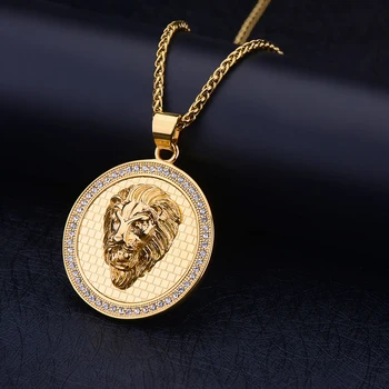 Titano plieno, aukso spalvos, apvalios liūto galva pakabukas megztinis grandinės ilgio karoliai su cirkono mados juvelyrika vyrams ir moterims