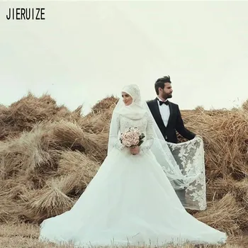 JIERUIZE Spalvingas Balta Musulmonų Vestuvių Suknelės ilgomis Rankovėmis, Aukštu Kaklu Nėrinių Appliques Islamo Nuotakos Suknelės, chalatas de mariage
