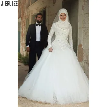 JIERUIZE Spalvingas Balta Musulmonų Vestuvių Suknelės ilgomis Rankovėmis, Aukštu Kaklu Nėrinių Appliques Islamo Nuotakos Suknelės, chalatas de mariage
