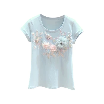 2020 m. Pavasario Vasaros Naujus Mėlynos spalvos Marškinėlius Moteris trimatis Siuvinėjimo Gėlių Apvalios Kaklo trumpomis Rankovėmis T-shirt Moterų Atsitiktinis Tee