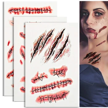 100 Vnt Halloween Zombie Randai, Tatuiruotės Lipdukas Siaubo Netikrą Kruvinų Žaizdų Dygsnio Šašas Helovino Maskaradas Išdaiga Makiažas Rekvizitai