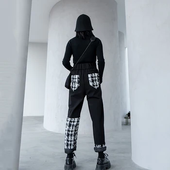 Streetwear Moterų Black Didelis Kišenės Pledas Aukštos Elastinga Juosmens Kelnės Naujos Loose Fit Kelnės Moterims Mados Banga Pavasario Rudens 2021