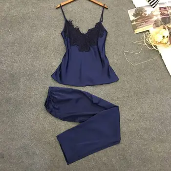 Moteriški Vasaros Šilko Imitacijos Sleepwear Nustatyti Blakstienų Lace V-Neck Cami Viršuje Ilgas Kelnes Vientisos Spalvos Pižama Laisvas Diržas Loungewear