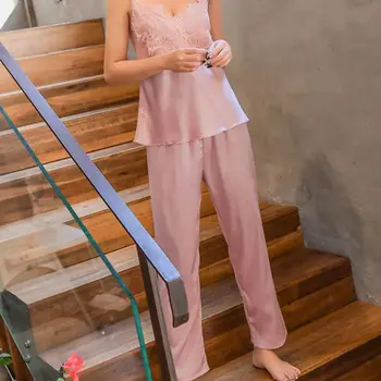 Moteriški Vasaros Šilko Imitacijos Sleepwear Nustatyti Blakstienų Lace V-Neck Cami Viršuje Ilgas Kelnes Vientisos Spalvos Pižama Laisvas Diržas Loungewear