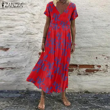 Bohemijos Gėlių Spausdinti Paplūdimio Maxi Suknelė ZANZEA Moterų V-Kaklo trumpomis Rankovėmis Sundress Derliaus Kaftan Vestido Negabaritinių Suknelės Femme