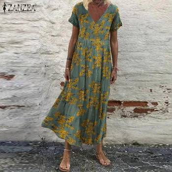 Bohemijos Gėlių Spausdinti Paplūdimio Maxi Suknelė ZANZEA Moterų V-Kaklo trumpomis Rankovėmis Sundress Derliaus Kaftan Vestido Negabaritinių Suknelės Femme