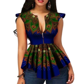 Tradicinis Afrikos Moterų Marškinėliai Dashiki Spausdinti Juosmens Užtrauktukas Seksualus Afrikos Drabužius Vasaros Atsitiktinis Lady Heidi Bazin Riche Palaidinė