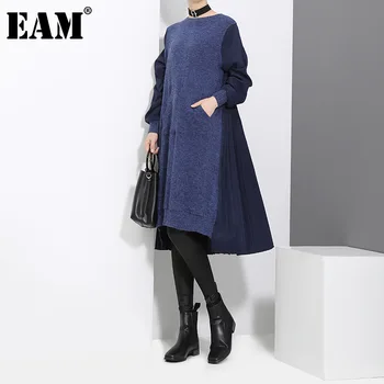 [EAM] Moterys, Mėlyna Nereguliarus Mezgimo Plisuotos Didelis Szie Nauja Suknelė ilgomis Rankovėmis Apvalios Kaklo Prarasti Mados Rudens-Žiemos 2021 JD4870